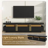 ON-TREND Luxury TV Stand with High Gloss Faux Marble Top for TVs Up to 78'', Rectangle Media Console with Golden Panel Design, Practical Entertainment Center with 3 Drawers for Living Room, Black