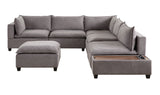 Madison Light Gray Fabric 7Pc Modular Sectional Sofa with Ottoman and USB Storage Console Table