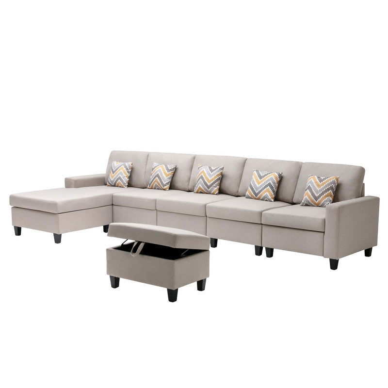 Nolan Beige Linen Fabric 6Pc Reversible Sectional Sofa Chaise with Interchangeable Legs, Pillows and Storage Ottoman