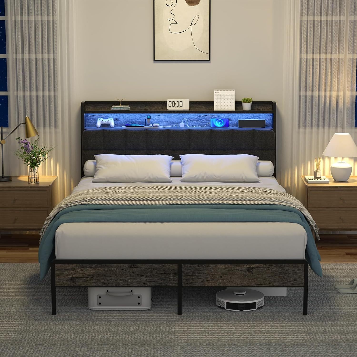 Full Bed Frame, Ergonomic Headboard with Multi-Space Storage, Bedframe with Charging Station RGB LED Lights