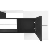 ON-TREND Unique Shape TV Stand with 2 Illuminated Glass Shelves, High Gloss Entertainment Center for TVs Up to 88", Versatile TV Cabinet with LED Color Changing Lights for Living Room, Black&White