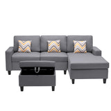 Nolan Gray Linen Fabric 4Pc Reversible Sofa Chaise with Interchangeable Legs, Storage Ottoman, and Pillows