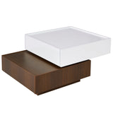 [VIDEO provided] ON-TREND Square 360°Rotating Coffee Table with 2 Drawers, High Gloss 2-Tier Center Table with Swivel Tabletop and Storage, Walnut Table Frame Side Table for Living Room, White