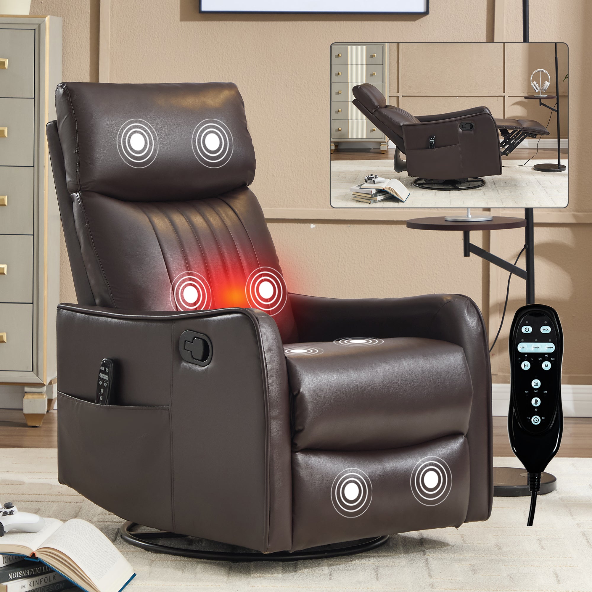 Brown Faux Leather Heat Massage Manual Recliner Chair with Rocker and Swivel for Living Room