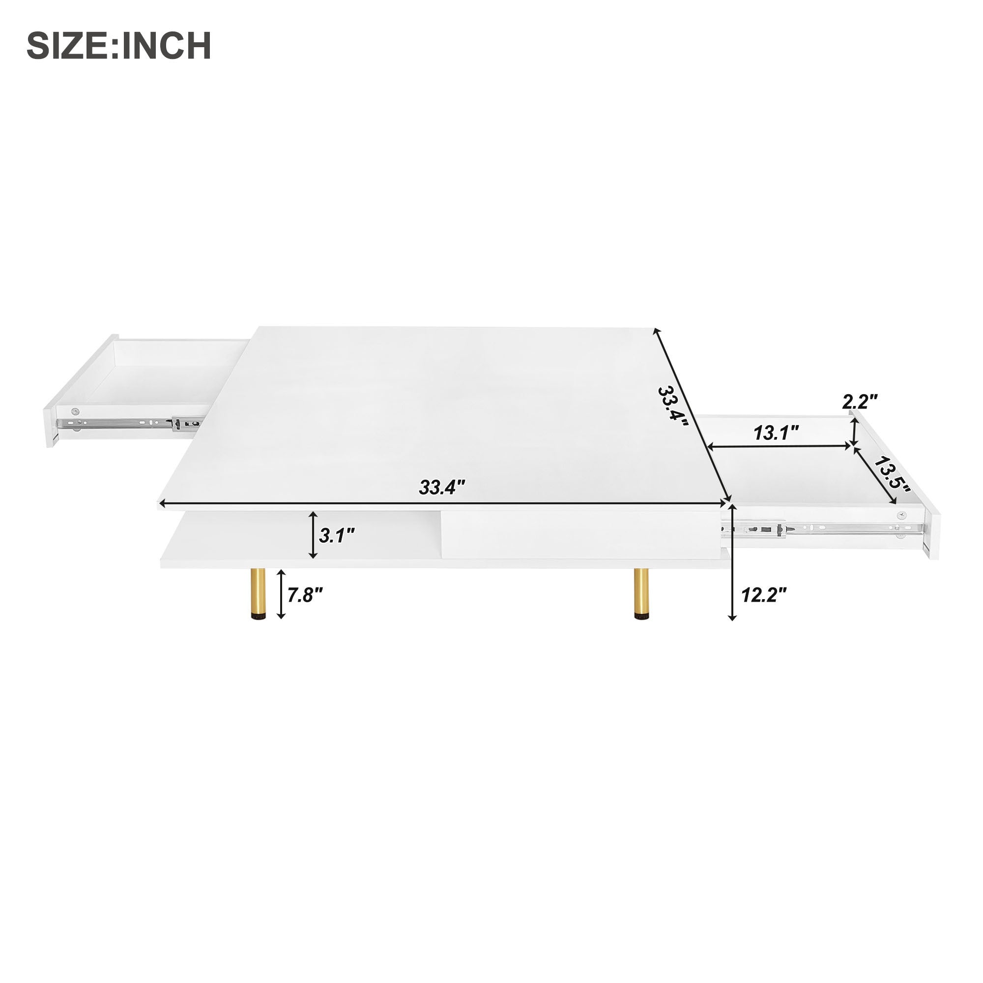 ON-TREND Exquisite High Gloss Coffee Table with 4 Golden Legs and 2 Small Drawers, 2-Tier Square Center Table for Living Room, White