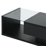 [VIDEO provided] ON-TREND Modern Coffee Table with Tempered Glass, Wooden Cocktail Table with High-gloss UV Surface, Modernist 2-Tier Rectangle Center Table for Living Room, Black