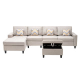 Nolan Beige Linen Fabric 5Pc Reversible Sofa Chaise with Interchangeable Legs, Storage Ottoman, and Pillows