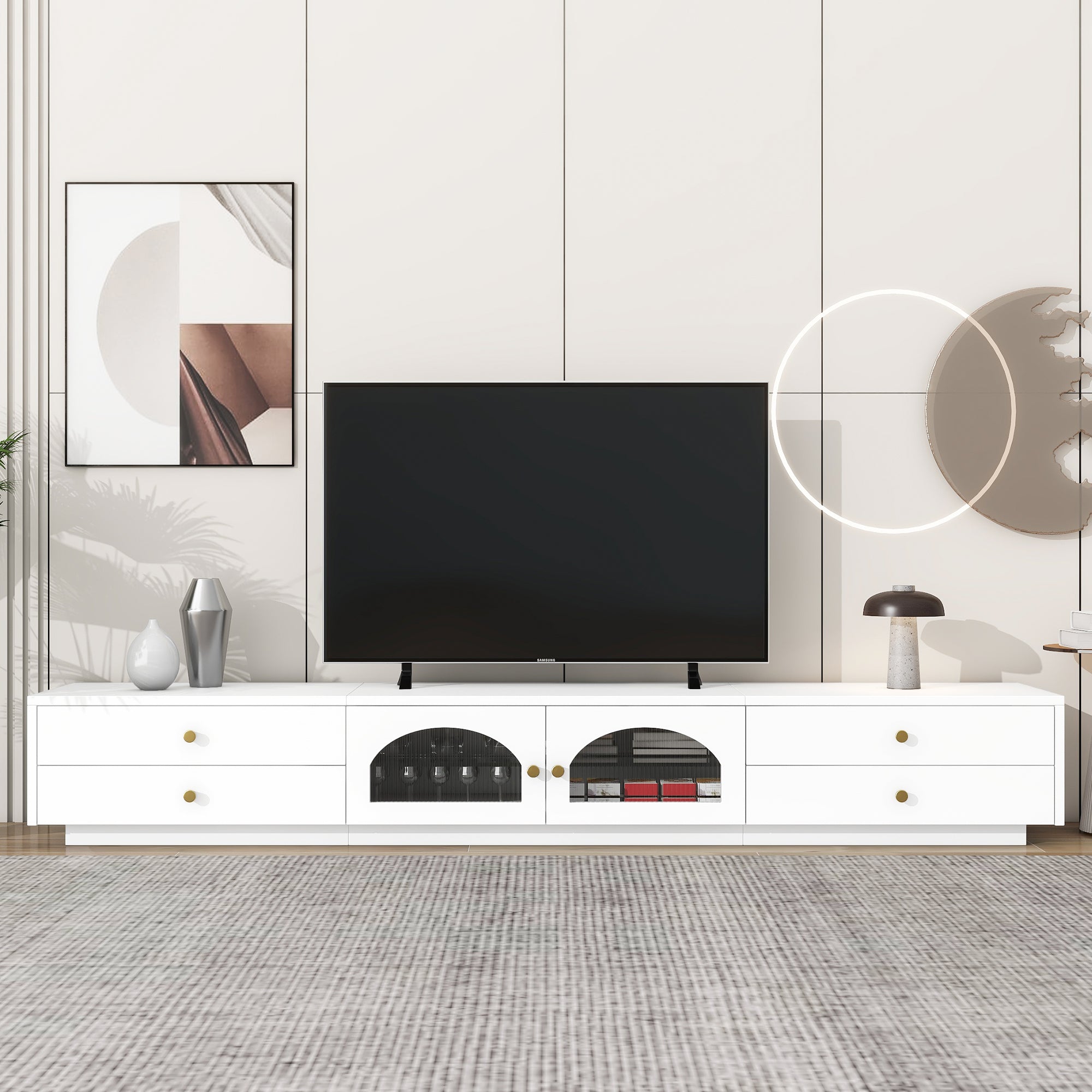 ON-TREND Luxurious TV Stand with Fluted Glass Doors, Elegant and Functional Media Console for TVs Up to 95'', Tempered Glass Shelf TV Cabinet with Multiple Storage Options, White