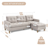 87" Wide Beige Reversible Sectional Sofa with Ottoman