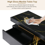 ON-TREND Luxury TV Stand with High Gloss Faux Marble Top for TVs Up to 78'', Rectangle Media Console with Golden Panel Design, Practical Entertainment Center with 3 Drawers for Living Room, Black