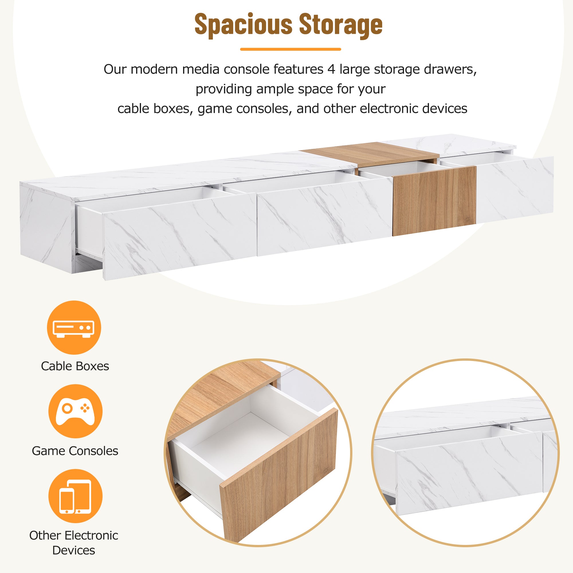 ON-TREND TV Stand with Faux Marble and Walnut Wood Grain Finish for TVs up to 88'', Modern Free-Combination Entertainment Center with 4 Storage Drawers for Living Room, White