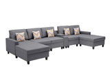 Nolan Gray Linen Fabric 6Pc Double Chaise Sectional Sofa with Interchangeable Legs, a USB, Charging Ports, Cupholders, Storage Console Table and Pillows