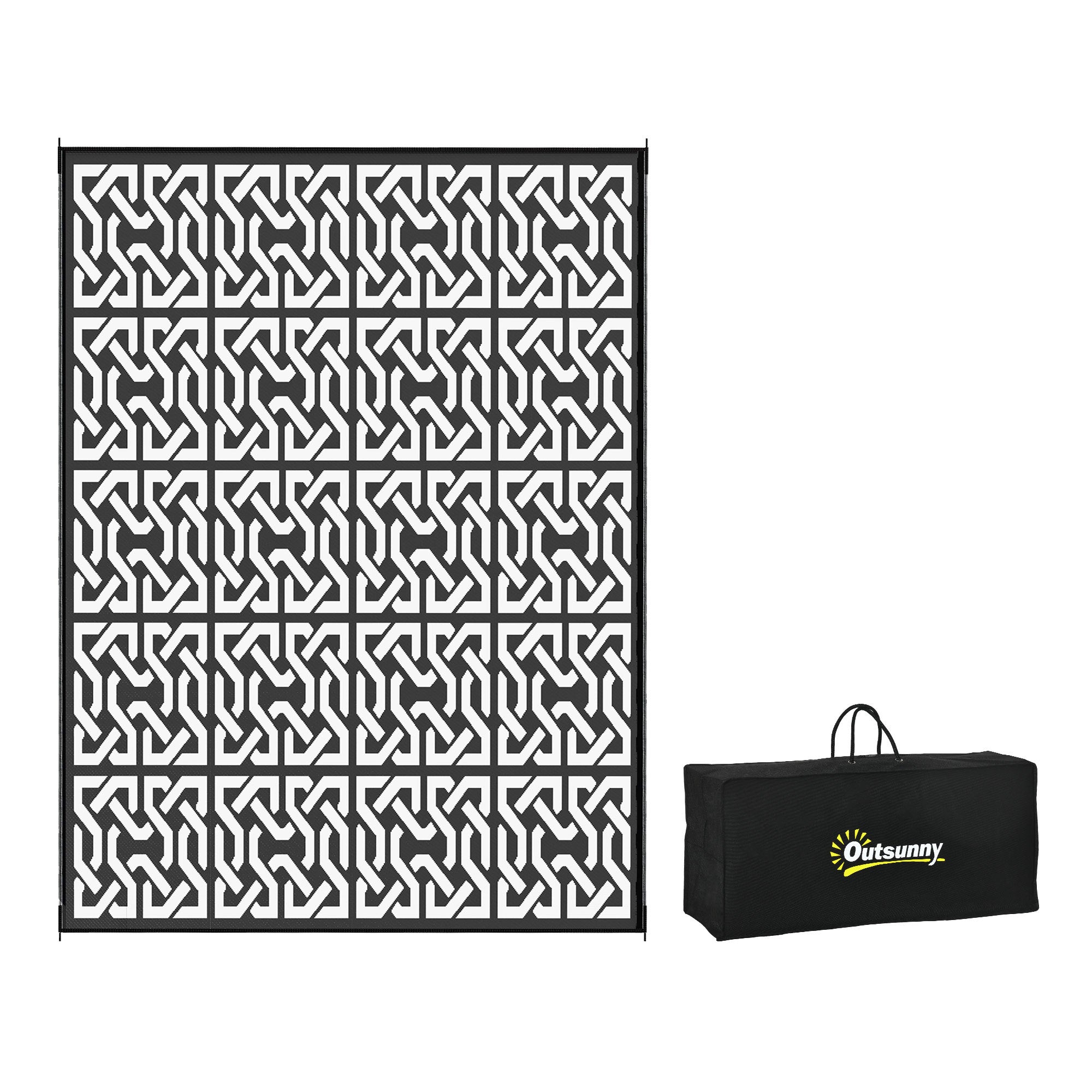 Outsunny Reversible Outdoor Rug, 9' x 12' Waterproof Plastic Straw Floor Mat, Portable RV Camping Carpet with Carry Bag, Large Floor Mat for Backyard, Deck, Picnic, Beach, Black & White Chain
