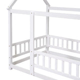 Twin Size Floor Wooden Bed with House Roof Frame, Fence Guardrails,White