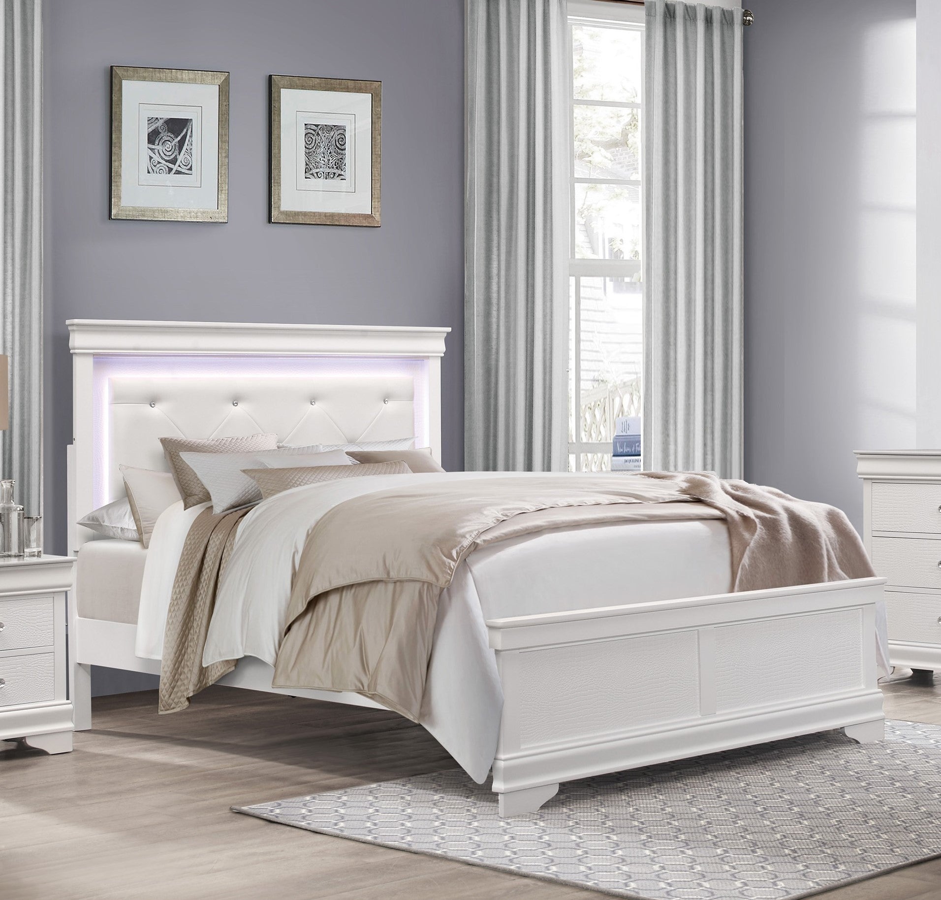 Glam White Finish 1pc Queen Size Bed Upholstered LED Headboard Button-Tufted Alligator Texture Panels Traditional Design Bedroom Furniture