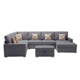 Nolan Gray Linen Fabric 7Pc Reversible Chaise Sectional Sofa with Interchangeable Legs, Pillows and Storage Ottoman