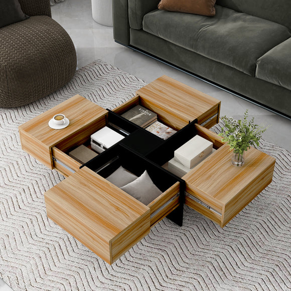 ON-TREND Unique Design Coffee Table with 4 Hidden Storage Compartments, Square Cocktail Table with Extendable Sliding Tabletop, UV High-gloss Design Center Table for Living Room, 31.5