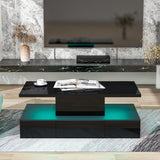 ON-TREND Modern Glossy Coffee Table With Drawer, 2-Tier Rectangle Center Table with LED lighting for Living room, 39.3''x19.6''x15.3'', Black