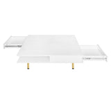 ON-TREND Exquisite High Gloss Coffee Table with 4 Golden Legs and 2 Small Drawers, 2-Tier Square Center Table for Living Room, White