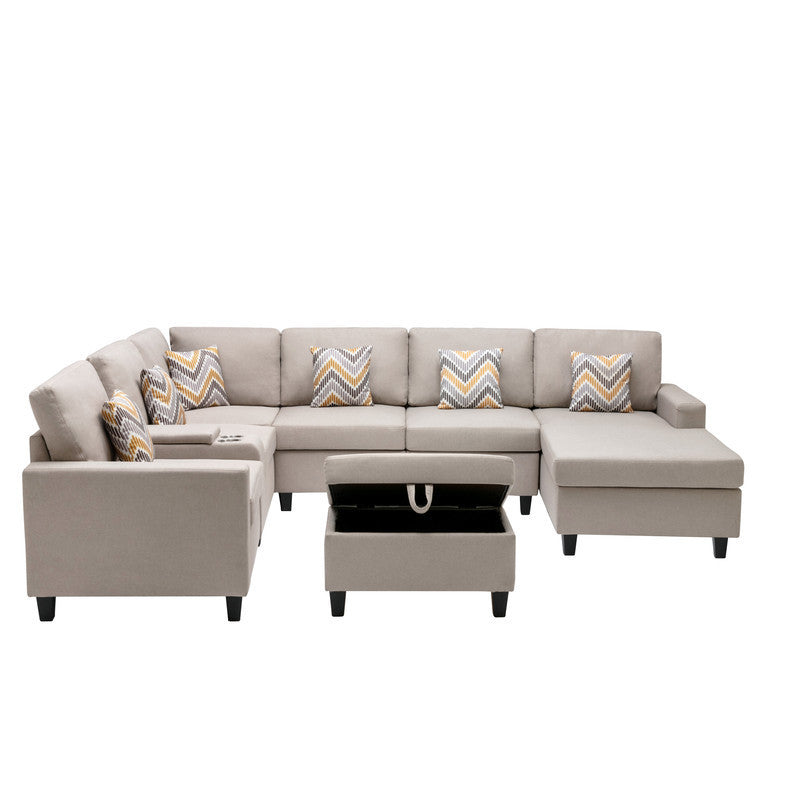 Nolan Beige Linen Fabric 8Pc Reversible Chaise Sectional Sofa with Interchangeable Legs, Pillows, Storage Ottoman, and a USB, Charging Ports, Cupholders, Storage Console Table