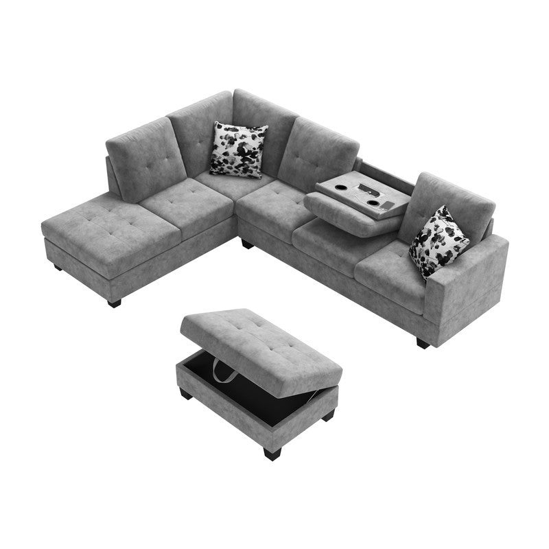 Remi Light Gray Velvet Reversible Sectional Sofa with Dropdown Table, Charging Ports, Cupholders, Storage Ottoman, and Pillows