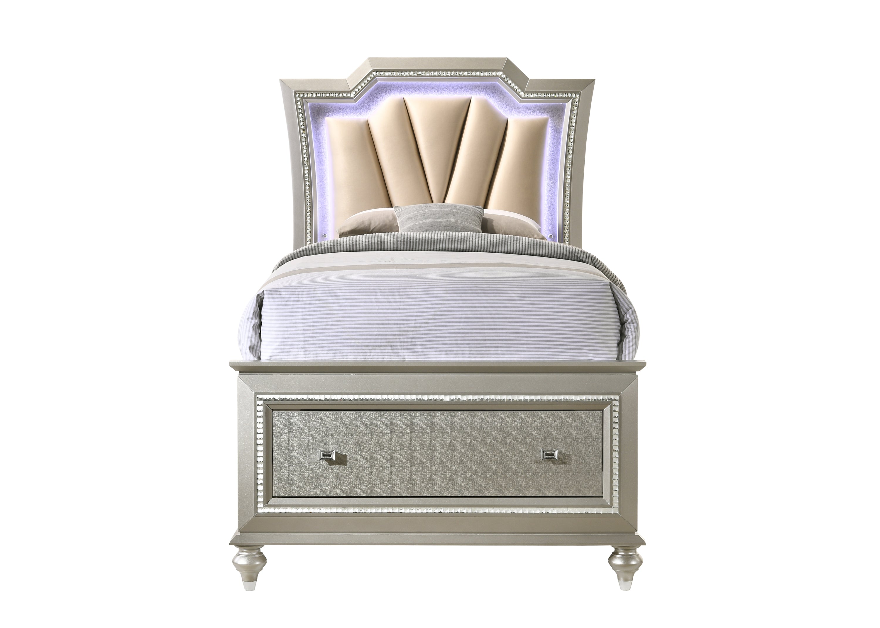 Kaitlyn Synthetic Leather & Champagne Finish Full Bed W/Led & Storage