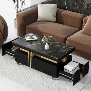 [VIDEO provided] ON-TREND Contemporary Coffee Table with Faux Marble Top, Rectangle Cocktail Table with Caster Wheels, Moderate Luxury Center Table with Gold Metal Bars for Living Room, Black