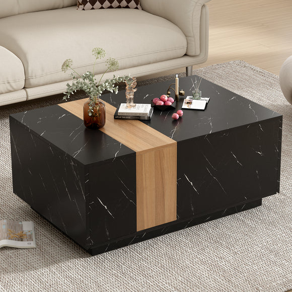 ON-TREND Modern 35.4 x 23.6 Inch Two-tone Coffee Table with Faux Marble and Walnut Wood Grain Finish, Rectangular Center Table with 2 Storage Drawers, Practical Cocktail Table for Living Room, Black