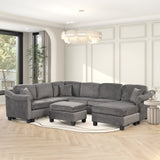 122" Dark Gray velvet fabric 4pcs Sectional Sofa with Ottoman with Right Side Chaise