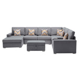 Nolan Gray Linen Fabric 8Pc Reversible Chaise Sectional Sofa with Interchangeable Legs, Pillows, Storage Ottoman, and a USB, Charging Ports, Cupholders, Storage Console Table