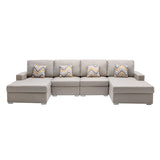 Nolan Beige Linen Fabric 4Pc Double Chaise Sectional Sofa with Pillows and Interchangeable Legs