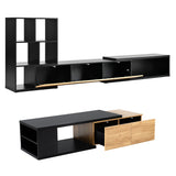 [VIDEO provided] ON-TREND Extendable TV Stand and Coffee Table, Set of 2, Media Console with 3 Tier Bookshelves for TVs up to 110'', Dual-tone Center Table with Sliding Tabletop for Living Room, Black