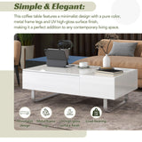 [VIDEO provided] ON-TREND Multi-functional Coffee Table with Lifted Tabletop, Contemporary Cocktail Table with Metal Frame Legs, High-gloss Surface Dining Table for Living Room, White