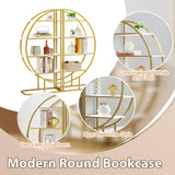 4 Tiers Home Office Open Bookshelf, Round Shape, Different Placement Ways, MDF Board, Gold Metal Frame, White