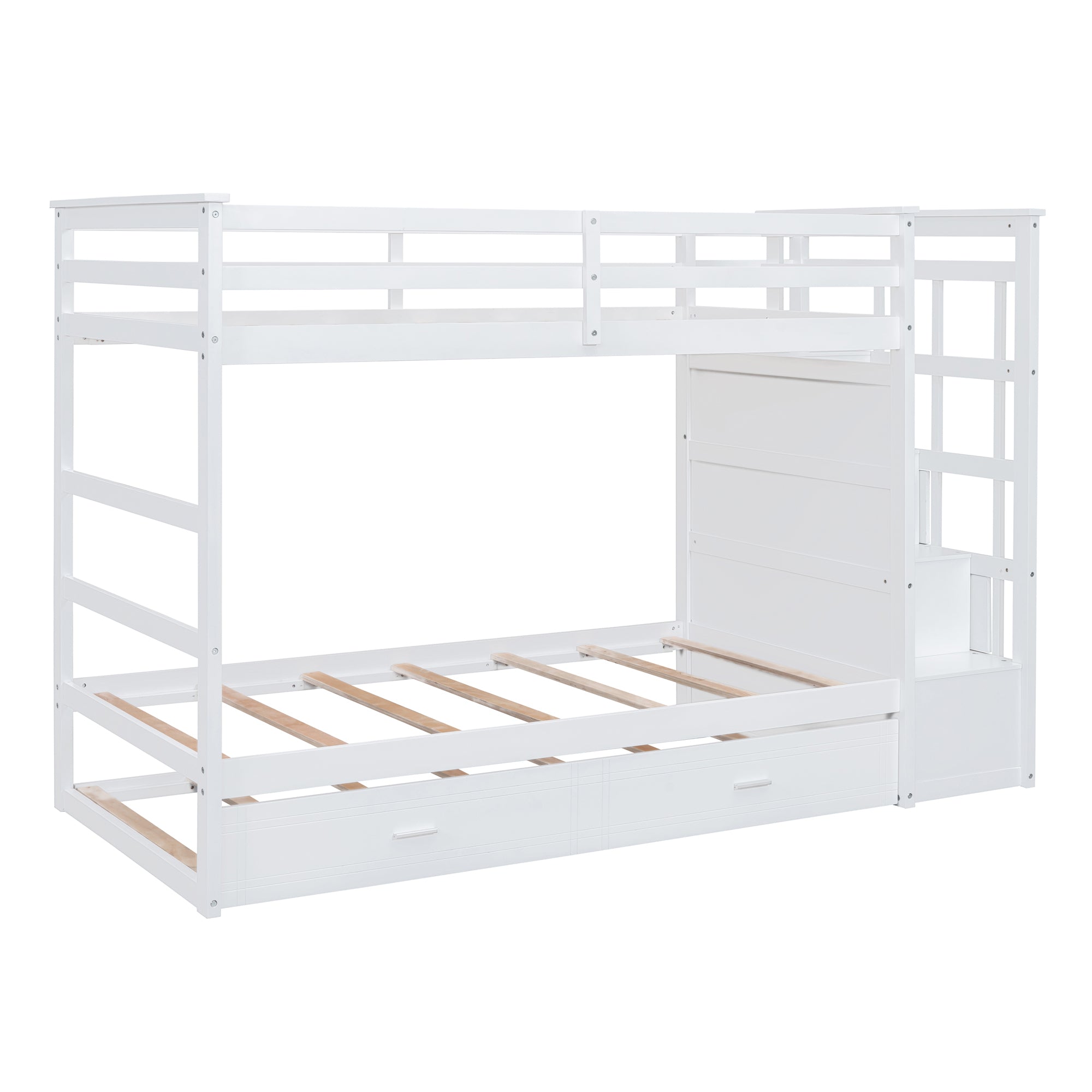 Twin Over Twin Bunk Bed with Trundle and Staircase,White(OLD SKU:LT000068AAK)