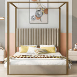 Queen Size Upholstery Canopy Platform Bed with Headboard and Metal Frame, Beige