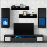 ON-TREND Extended, Rattan Style Entertainment Center, 7 Pieces Floating TV Console Table for TVs Up to 90'', High Gloss Wall Mounted TV Stand with Color Changing LED Lights for Home Theatre, Black.