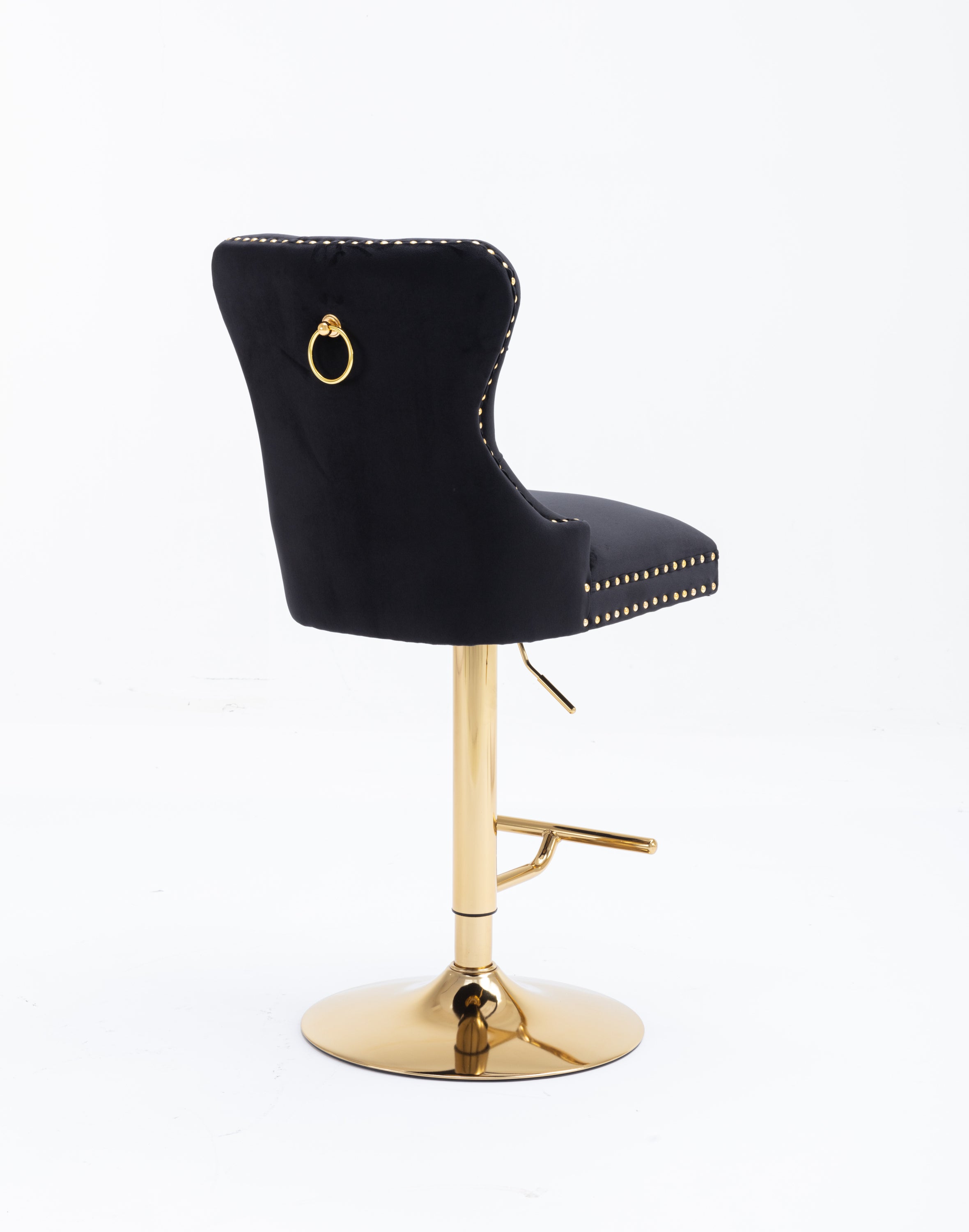 Swivel Bar Stools Chair Set of 2 Modern Adjustable Counter Height Bar Stools, Velvet Upholstered Stool with Tufted High Back & Ring Pull for Kitchen , Chrome Golden Base, Black