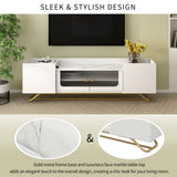 ON-TREND Sleek Design TV Stand with Fluted Glass, Contemporary Entertainment Center for TVs Up to 70", Faux Marble Top TV Console Table with Gold Frame Base, White