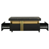 [VIDEO provided] ON-TREND Contemporary Coffee Table with Faux Marble Top, Rectangle Cocktail Table with Caster Wheels, Moderate Luxury Center Table with Gold Metal Bars for Living Room, Black