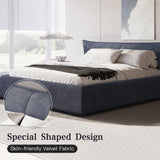 King Size Upholstered Platform Bed with Special Shaped Velvet  Headboard, Metal & Solid Wood Frame,Grey