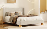 Modern Velvet Upholstered Platform Bed with Wingback Headboard and Round Wooden Legs, Cream,King Size