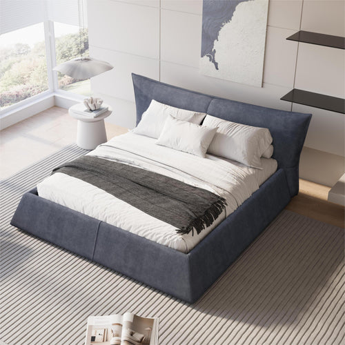 King Size Upholstered Platform Bed with Special Shaped Velvet  Headboard, Metal & Solid Wood Frame,Grey