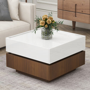 [VIDEO provided] ON-TREND Square 360°Rotating Coffee Table with 2 Drawers, High Gloss 2-Tier Center Table with Swivel Tabletop and Storage, Walnut Table Frame Side Table for Living Room, White