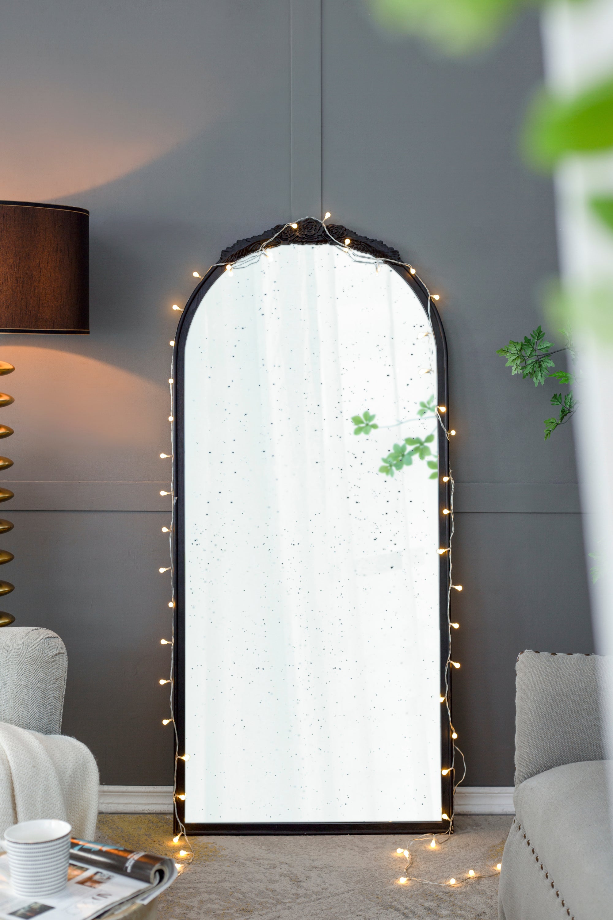 30" x 65"  Hand Carved Rose Antique Mirror Frame, Large Arch Mirror Wall Decor for Living Room, Bathroom, Entryway(Black)