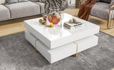 ON-TREND Modern High Gloss Coffee Table with 4 Drawers, Multi-Storage Square Cocktail Tea Table with Wood Grain Legs, Center Table for Living Room, 31.5''x31.5'', White