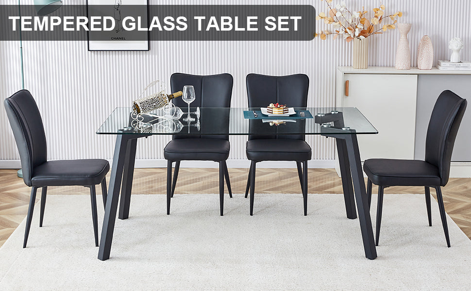 Table and chair set. 1 table and 6 black chairs. Glass dining table with 0.31-inch tempered glass tabletop and black coated metal legs. Equipped with black PU chairs 1123 008
