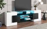 ON-TREND Unique Shape TV Stand with 2 Illuminated Glass Shelves, High Gloss Entertainment Center for TVs Up to 88", Versatile TV Cabinet with LED Color Changing Lights for Living Room, Black&White