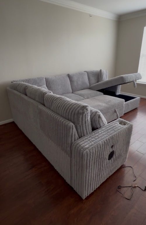 BLUETOOTH SPEAKERS 3PC GRAY CORDUROY OVERSIZED SECTIONAL