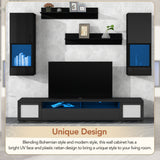 ON-TREND Extended, Rattan Style Entertainment Center, 7 Pieces Floating TV Console Table for TVs Up to 90'', High Gloss Wall Mounted TV Stand with Color Changing LED Lights for Home Theatre, Black.